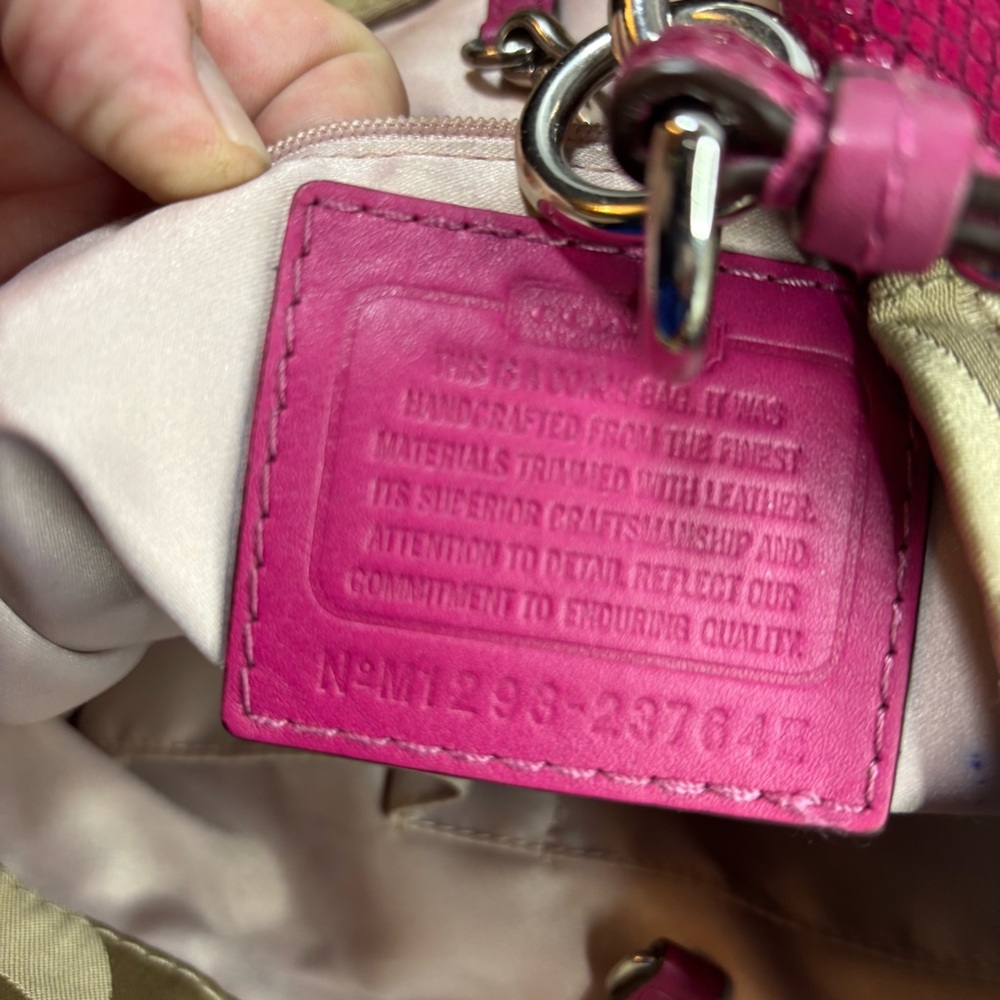 COACH Peyton Signature Khaki/ Fushia Sateen Signature Tote Bag - Picture 4 of 14